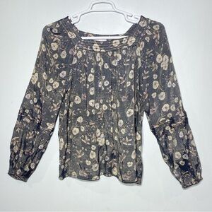 Lauren Conrad Floral Peasant Blouse Women's L Blue/Gray Square Neck Long Sleeve